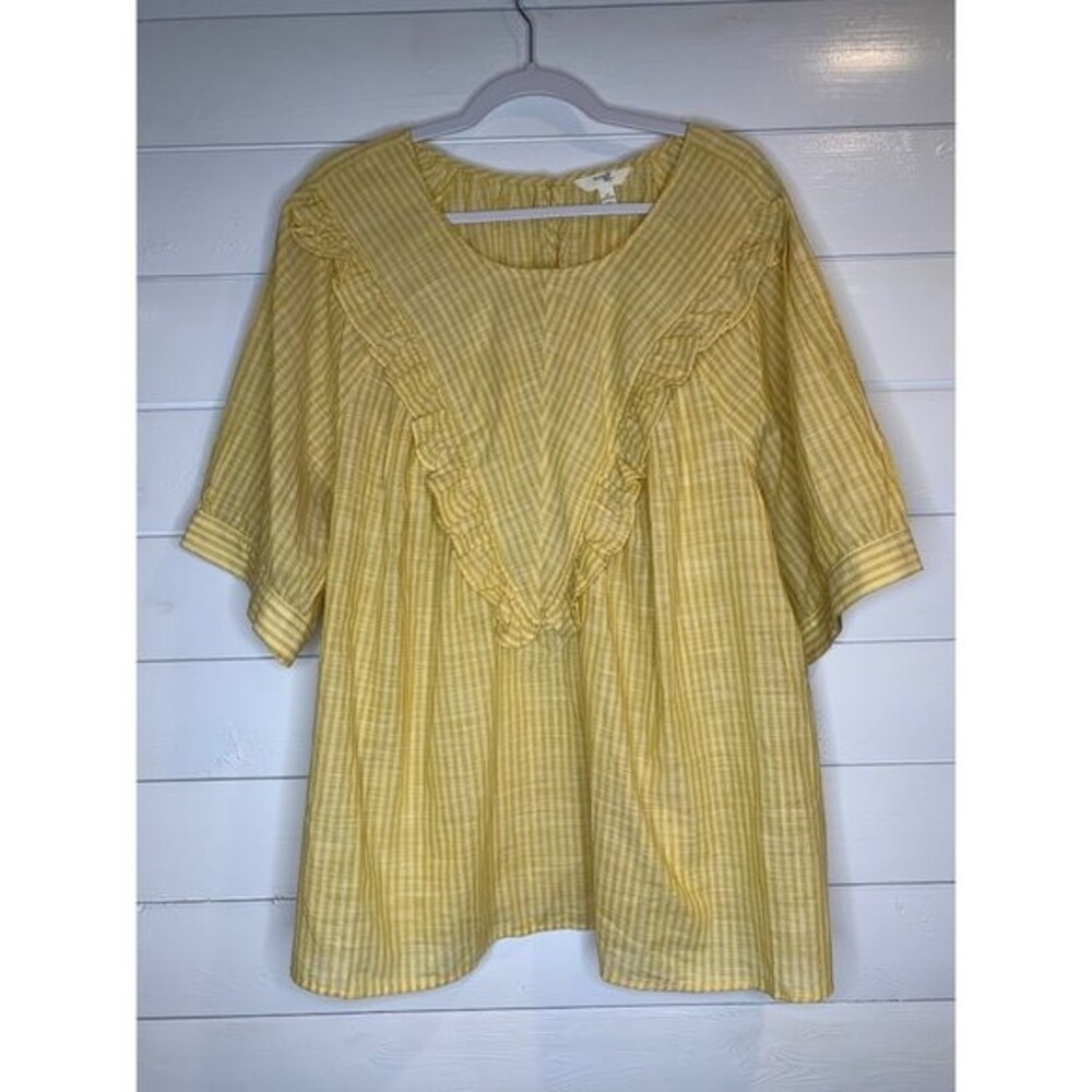 Terra Sky Yellow Striped Ruffle Front Blouse 3X NEW